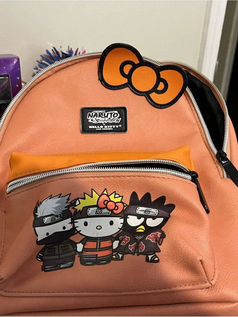 Hello Kitty x Naruto Peach-Orange Kids Backpack with Character Patch